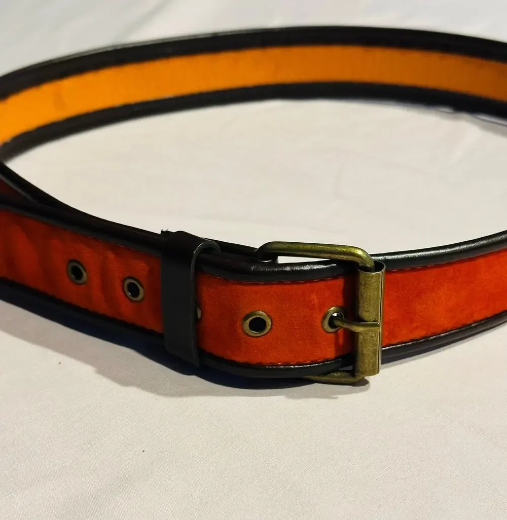 Orange velvet belt with brown leather trim.  Size S/M fall western country retro